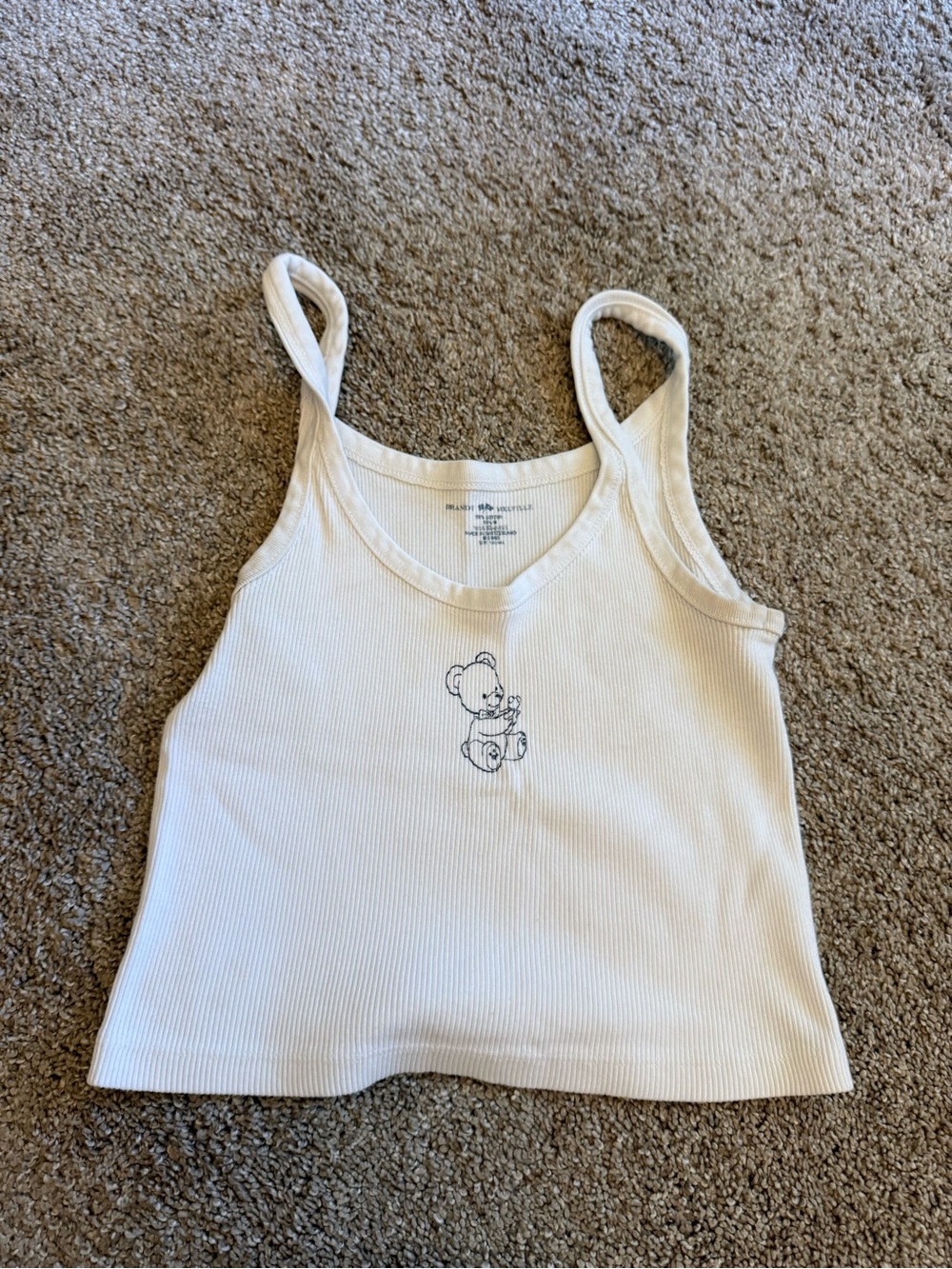 Brandy Melville White Ribbed Tank with Navy Bear Line Art